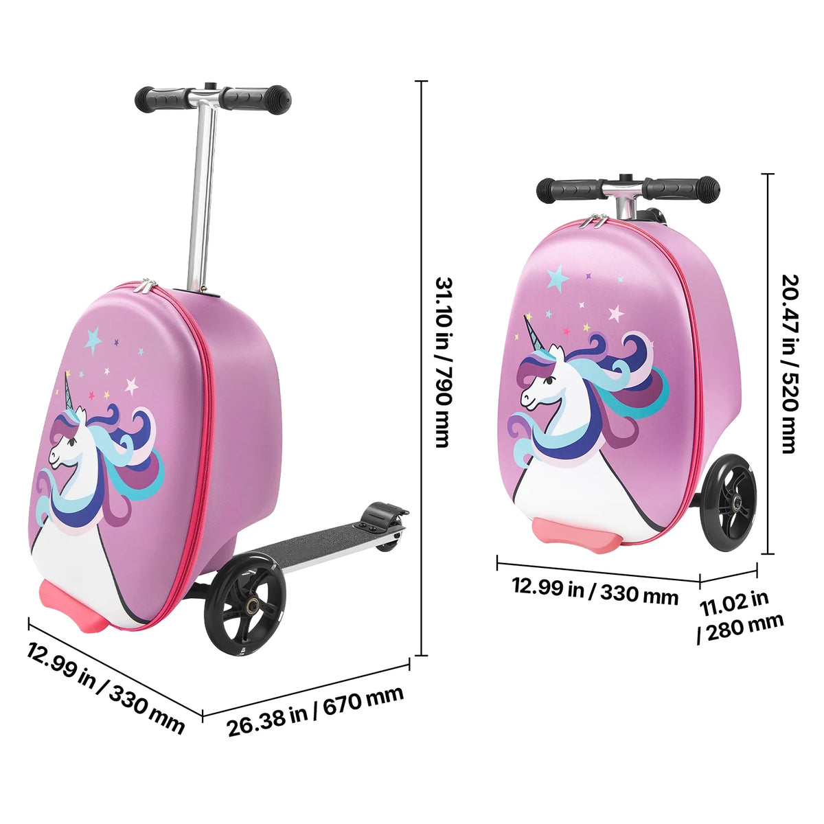 KFFKFF Ride - on Kids Luggage, 20 L Capacity, 20 - Inch Scooter Suitcase with Flashing PU Wheels, Adjustable Handle & Non - Slip Grip, Foldable and Lightweight Travel Companion for Children Aged 5+, Purple