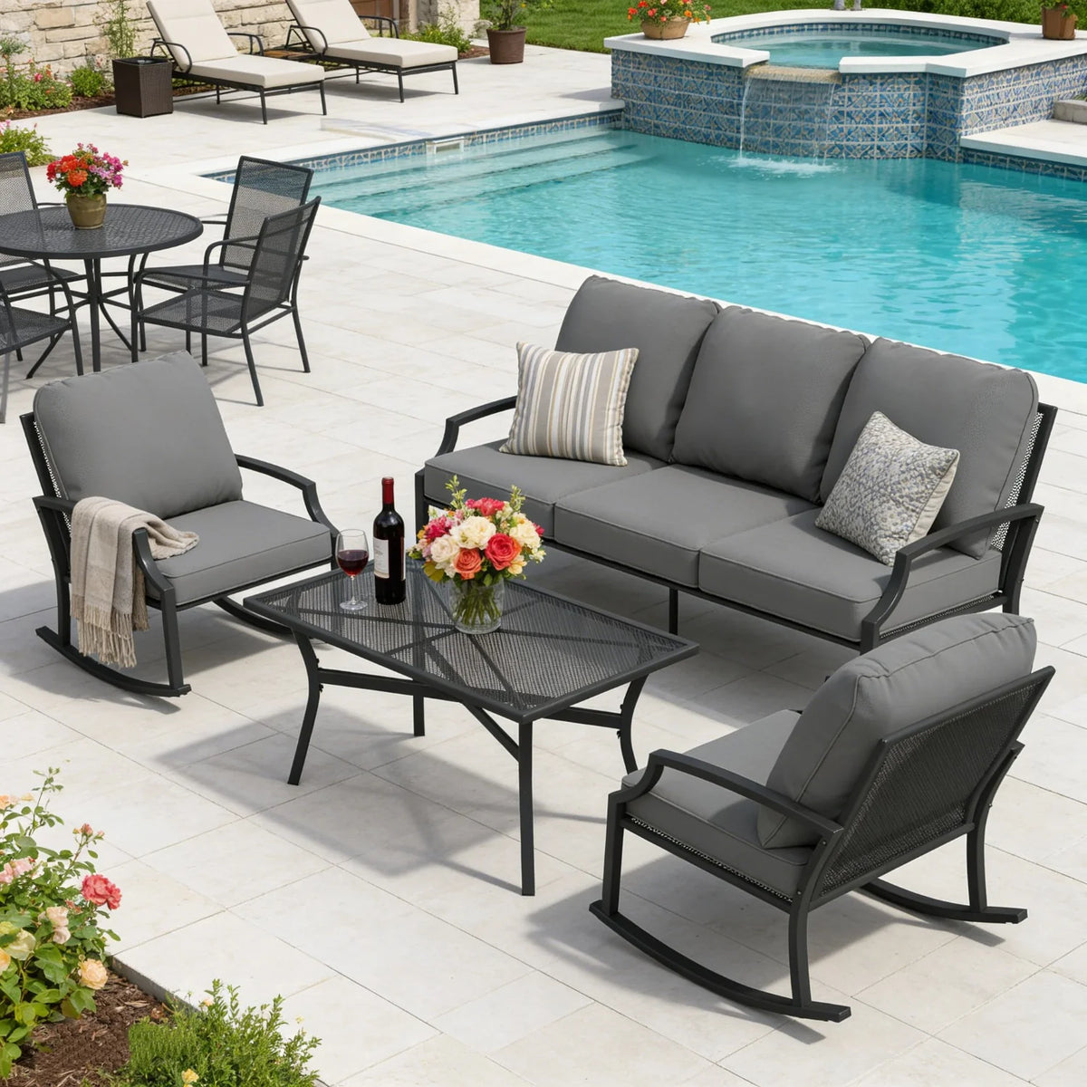 AECOJOY 4-Piece Outdoor Patio Furniture Set with Rocking Chair, Metal Patio Conversation Bistro Set