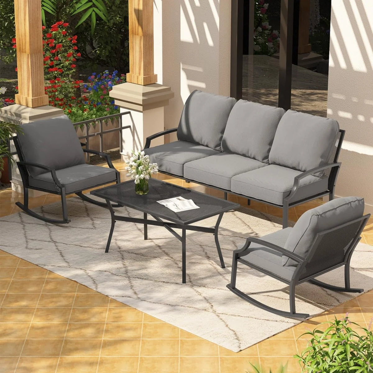 AECOJOY 4-Piece Outdoor Patio Furniture Set with Rocking Chair, Metal Patio Conversation Bistro Set