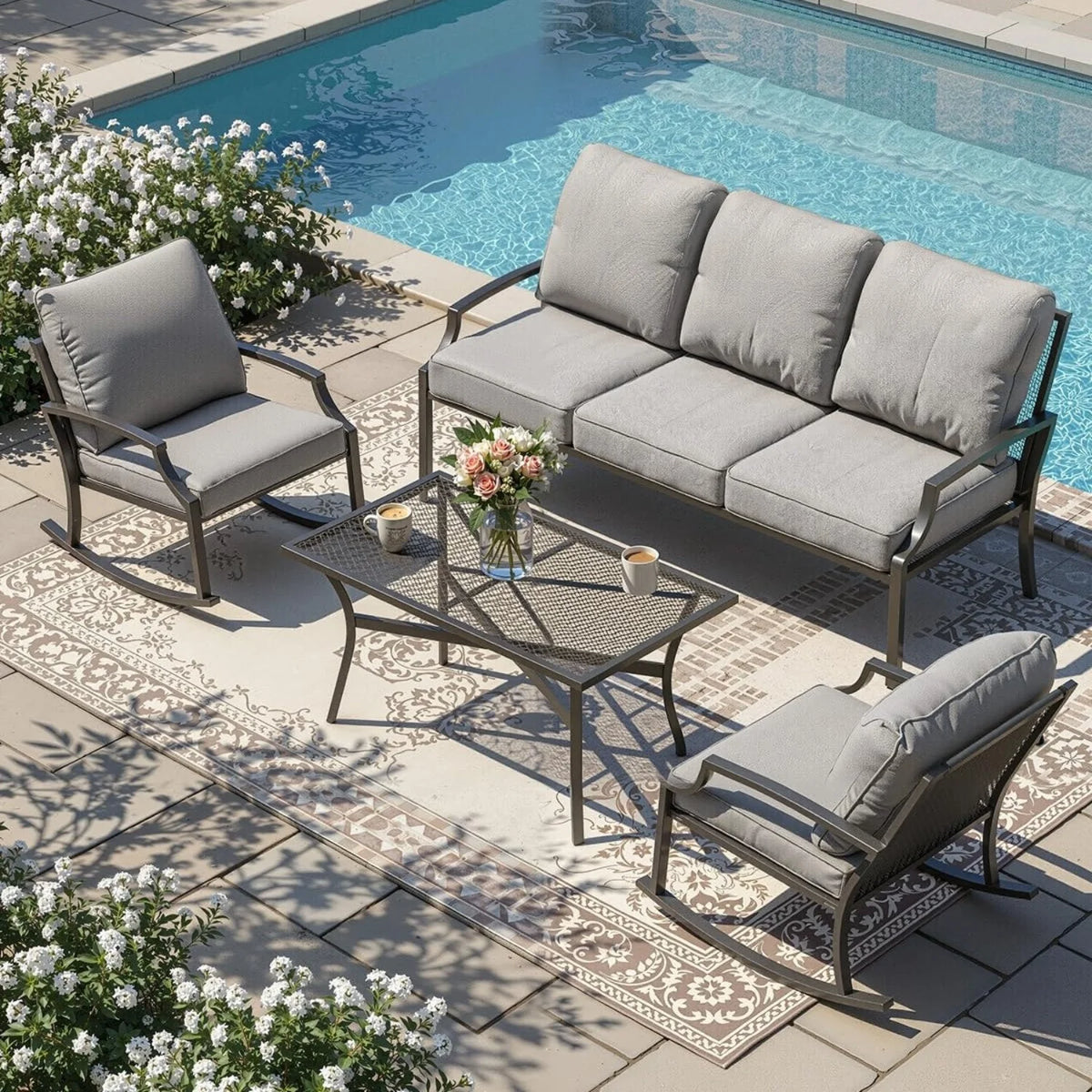 AECOJOY 4-Piece Outdoor Patio Furniture Set with Rocking Chair, Metal Patio Conversation Bistro Set